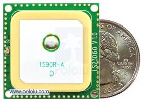 LS20031 GPS receiver module top view with quarter for size reference